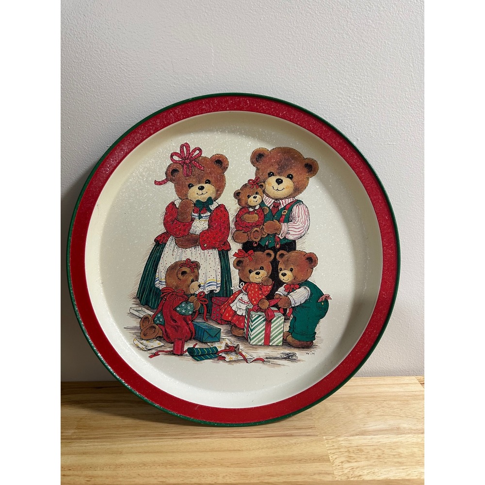 Vintage 1991 Potpourri Press Christmas Teddy Bear Family Tin Serving Tray 13"